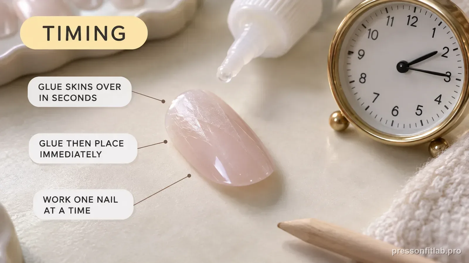 A press-on tip with a thin skin of nail glue already forming on it beside a small clock, labelled glue skins over in seconds and to glue then place immediately.