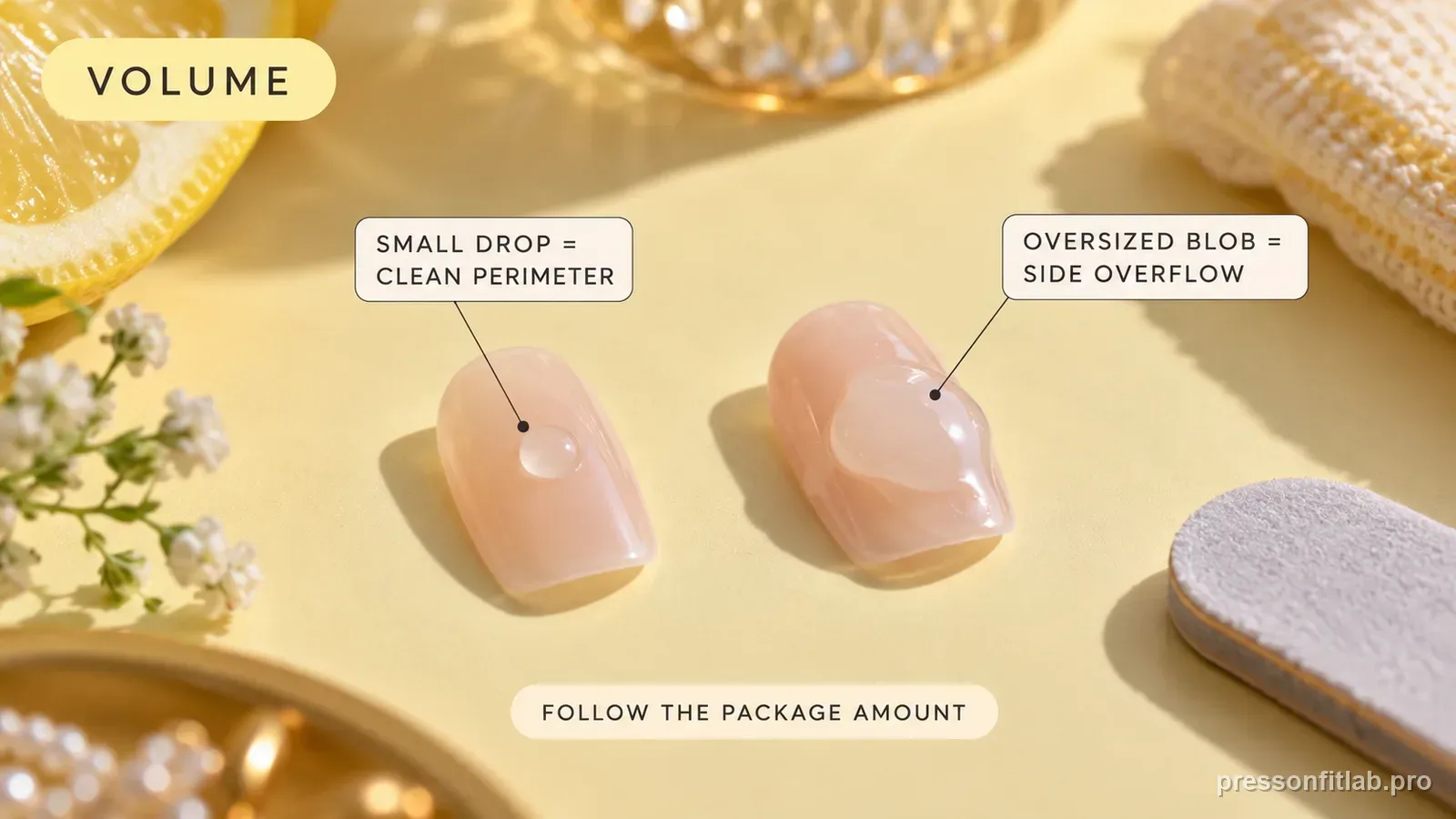 A comparison of a press-on tip with one small rice-grain drop of glue versus a tip with an oversized blob, labelled small drop clean perimeter versus oversized blob side overflow.