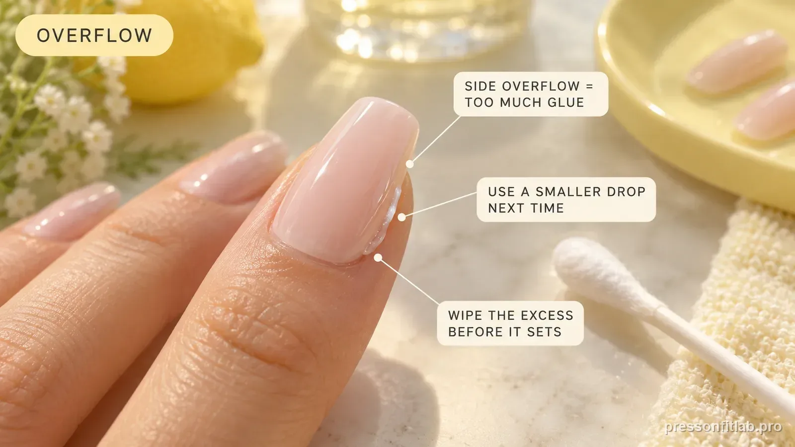 A press-on on a natural nail with a thin bead of glue seeping along one sidewall and a cotton bud nearby, labelled that side overflow means too much glue and to wipe the excess before it sets.