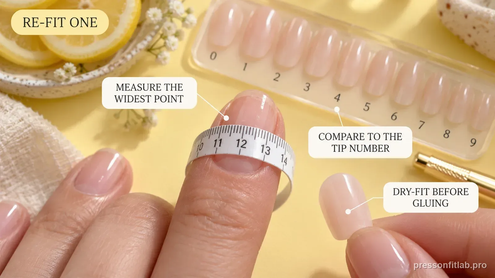 A flexible measuring strip laid across one problem nail beside a set of numbered press-on tips, labelled to measure the widest point and dry-fit before gluing.