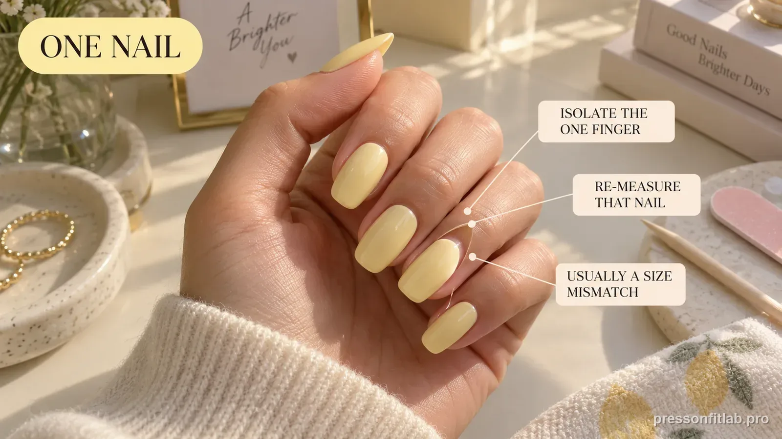 A full set of butter-yellow press-on nails with one nail lifting at a single finger, labelled to isolate and re-measure that one nail.