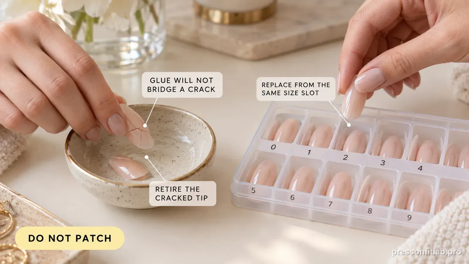 Step detail illustration: Do not use more attachment glue as a structural repair.