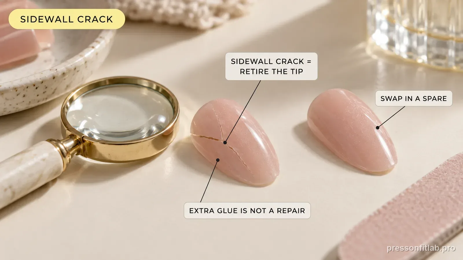 Annotated press-on fit diagram for: What to Do When a Press-On Nail Cracks at the Sidewall.