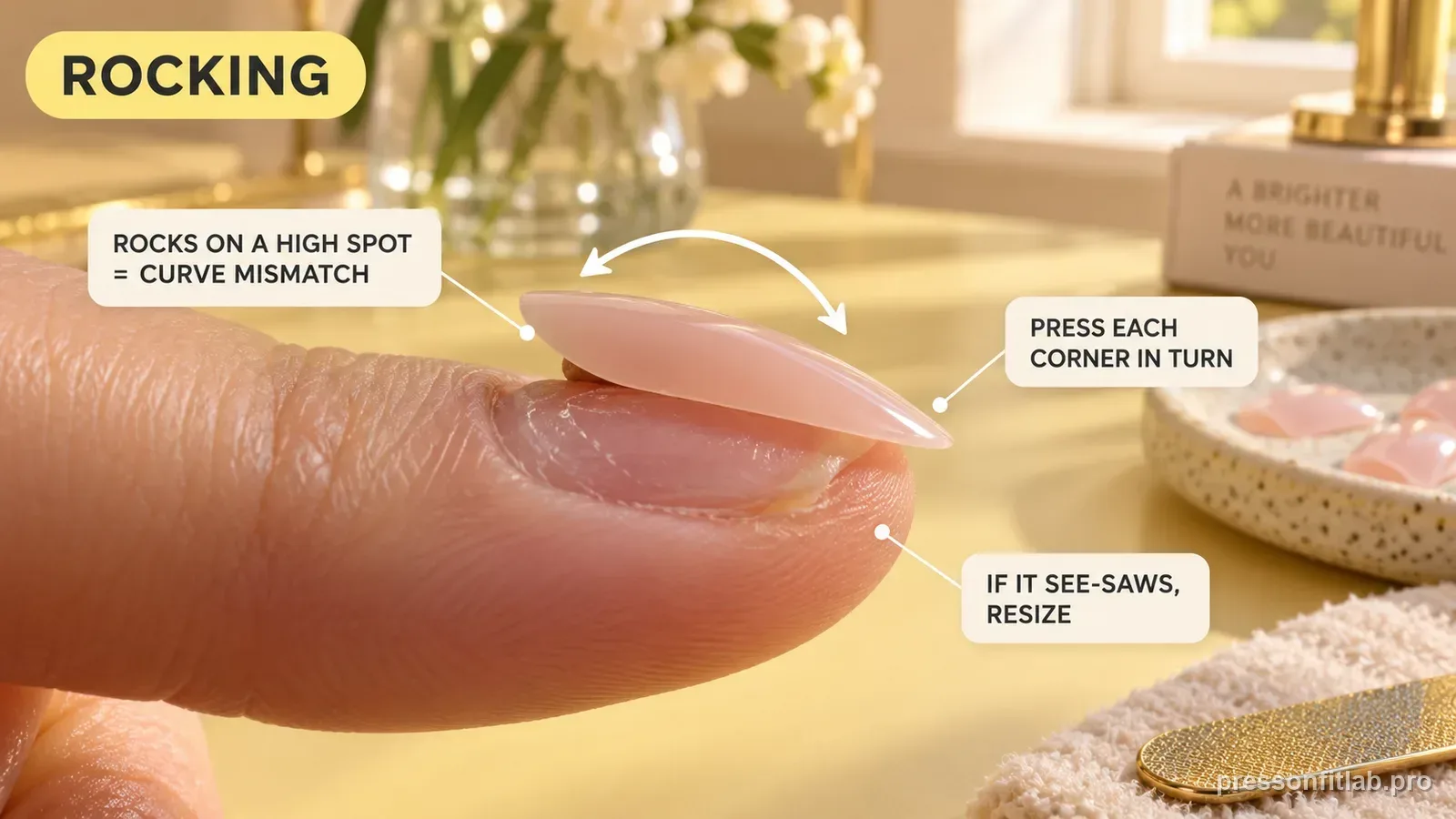 A press-on tip see-sawing on a natural nail with a curved pivot arrow, labelled that rocking on a high spot means a curve mismatch and to press each corner in turn.
