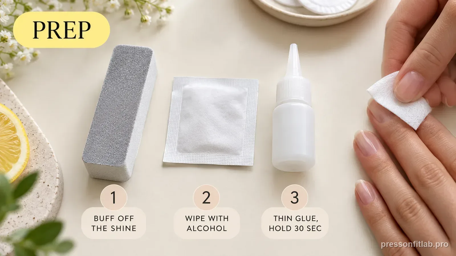 A flat-lay of a buffer, a lint-free prep wipe and a glue bottle in a row with a natural nail being wiped, labelled buff off the shine, wipe clean, thin glue hold thirty seconds.