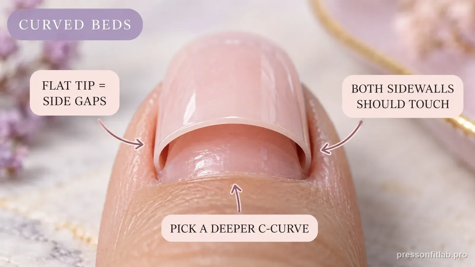A too-flat press-on on a strongly curved natural nail showing daylight gaps at both sidewalls, labelled that both sidewalls should touch and to pick a deeper C-curve.