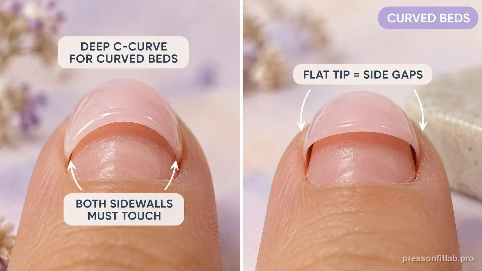 A side-by-side of a deep C-curve press-on hugging a strongly curved natural nail versus a flat one leaving side gaps, labelled deep C-curve for curved beds.