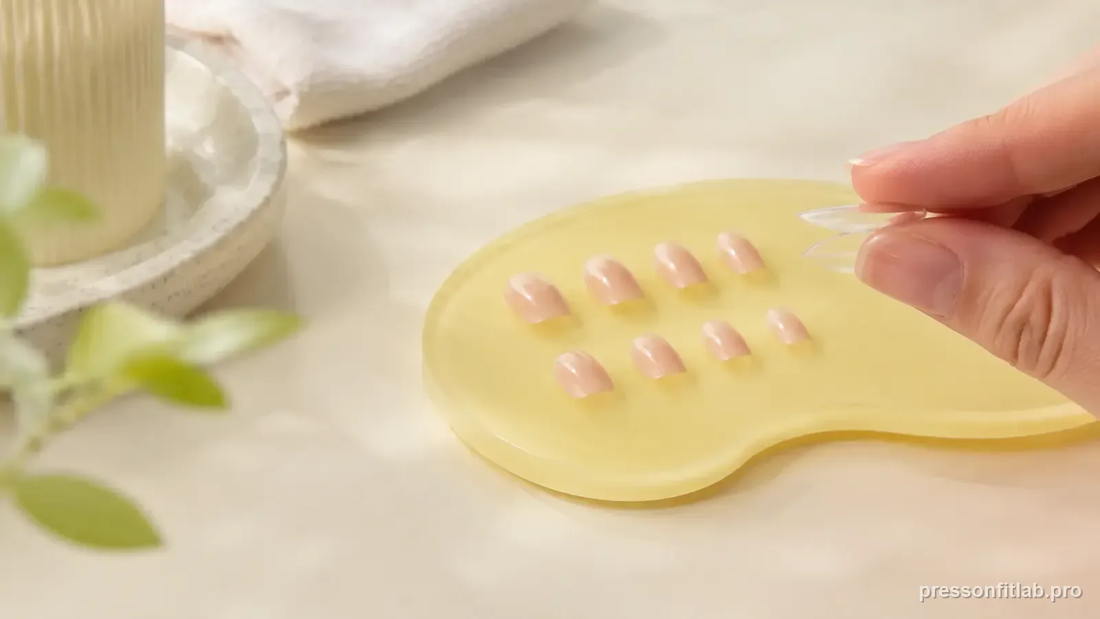 A hand comparing the shallow curve of a clear press-on tip with low-profile nude press-on nails on a display tray.