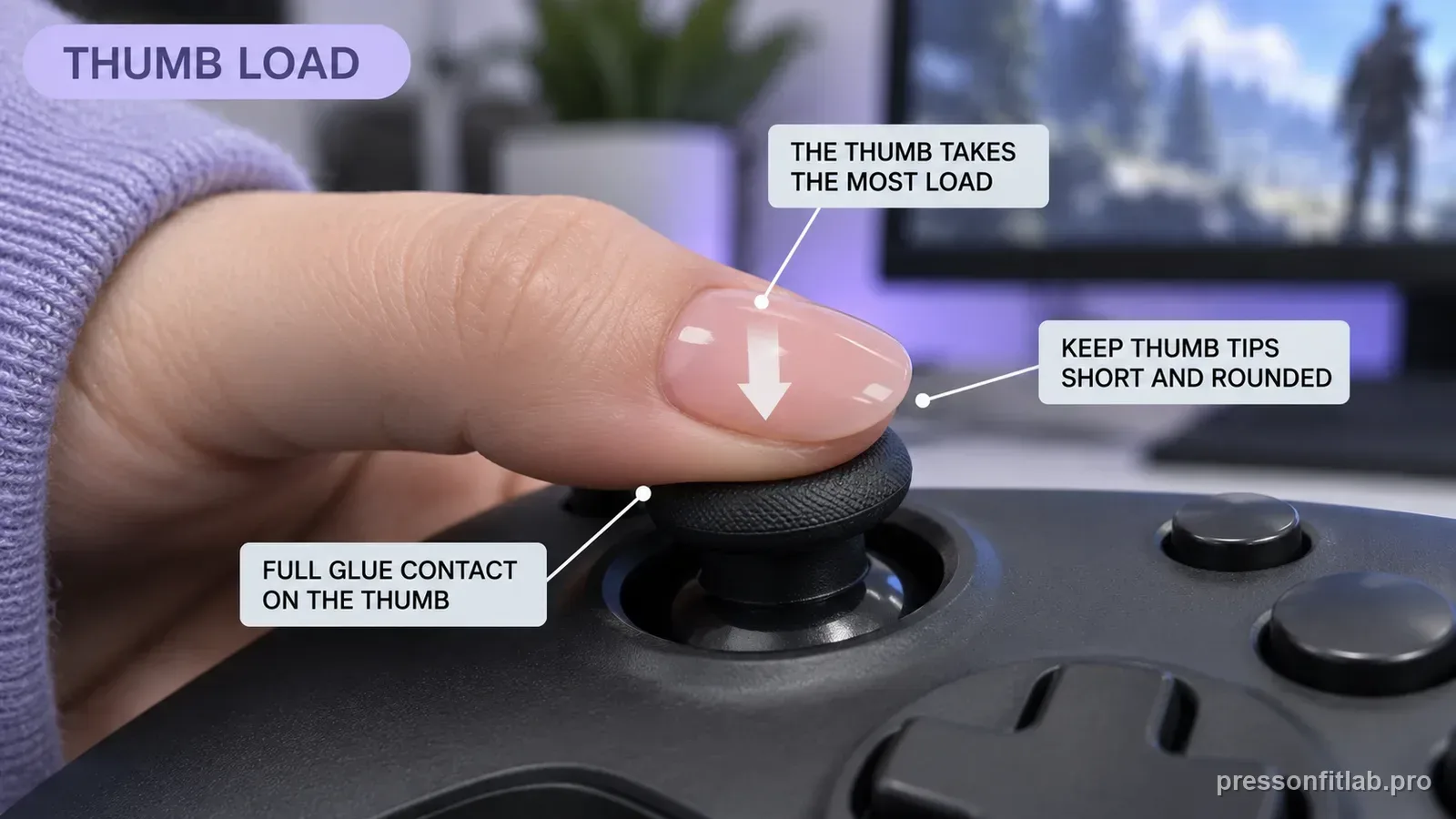 Step detail illustration: Controller use is thumb-heavy.