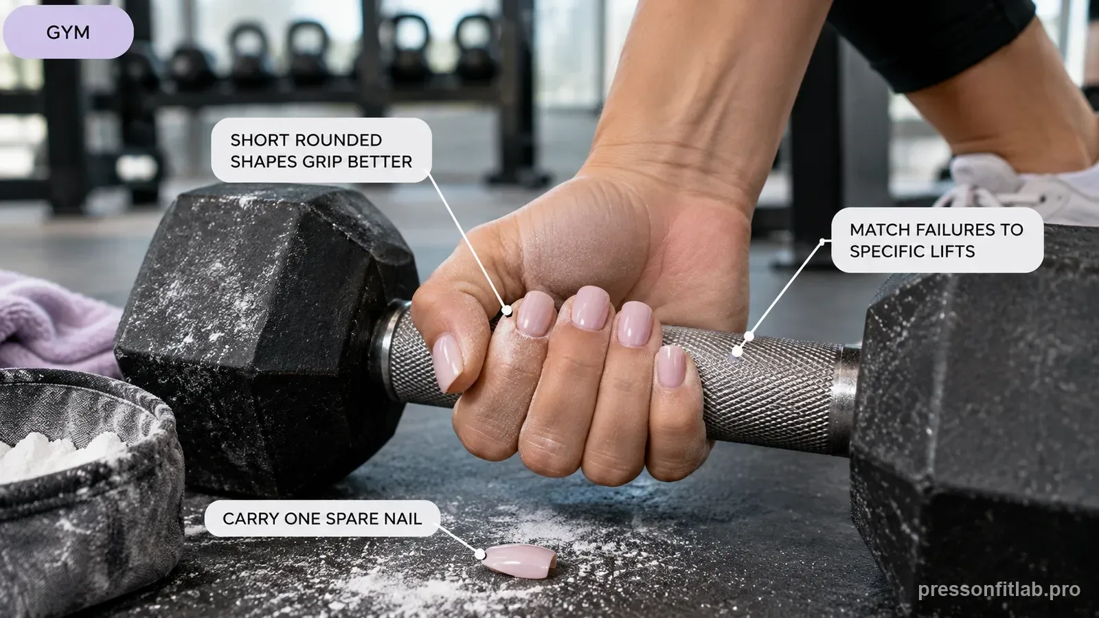 Annotated press-on fit diagram for: Press-On Nails for Gym Workouts.