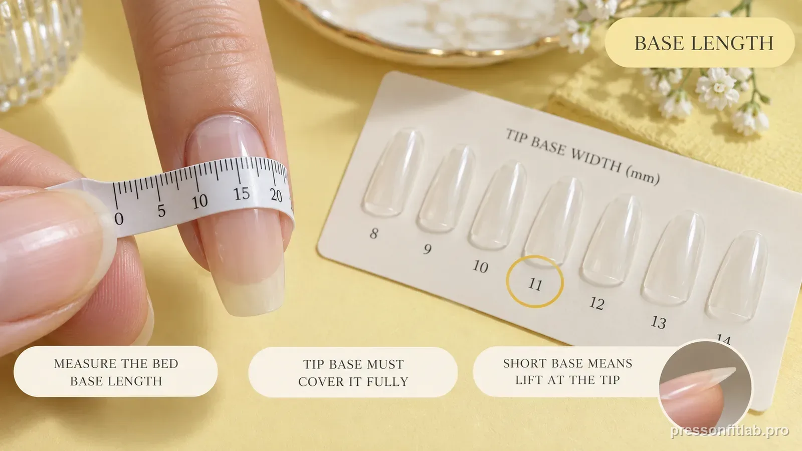 Step detail illustration: Long nail beds need enough base length.