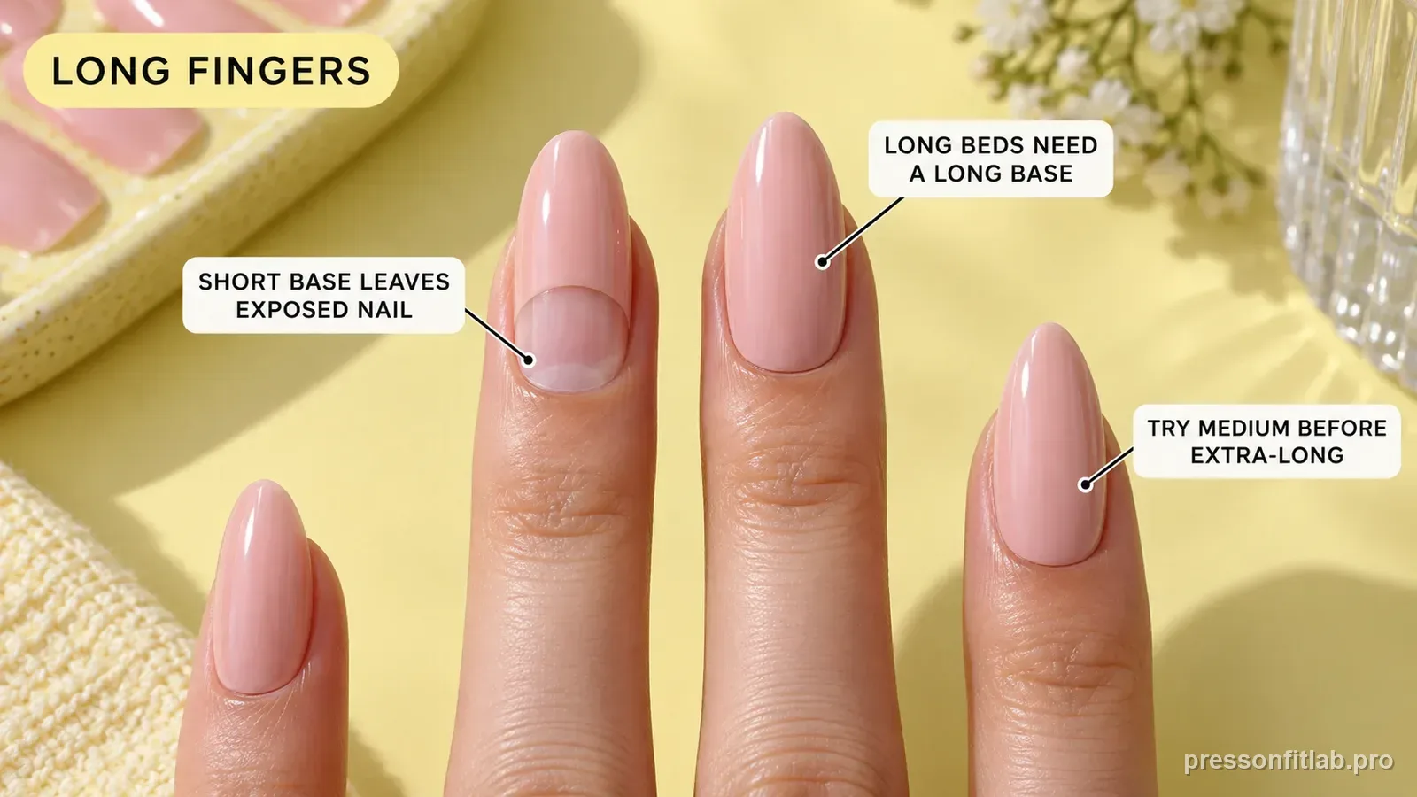 Annotated press-on fit diagram for: Press-On Nails for Long Fingers.
