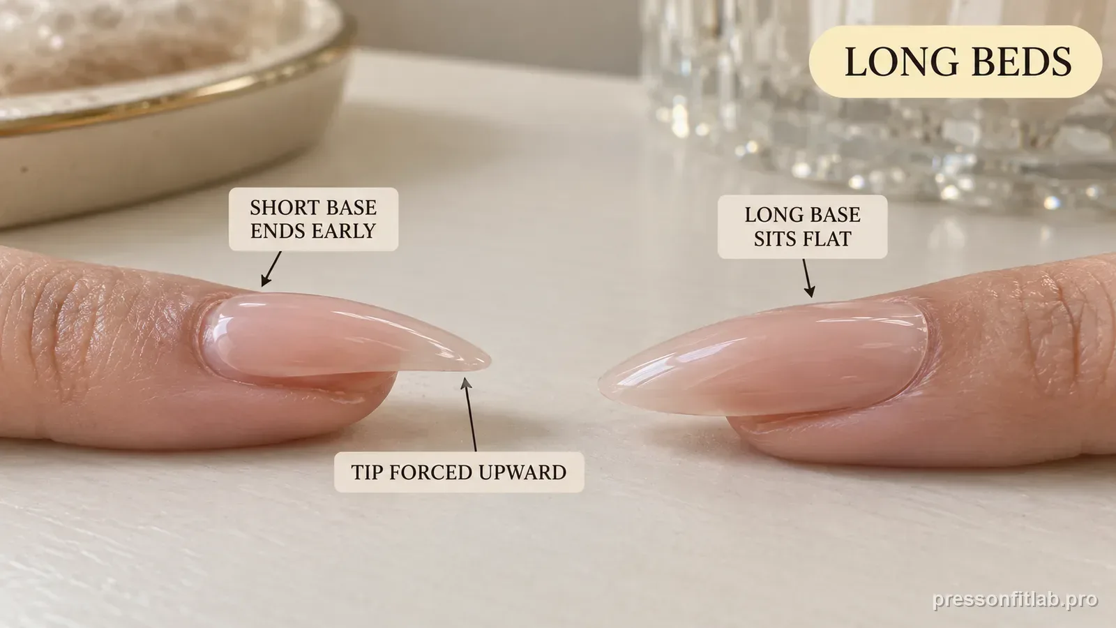 A comparison of a short-base press-on that ends early and lifts versus a long-base press-on covering the whole long nail bed flat, labelled short base ends early versus long base sits flat.