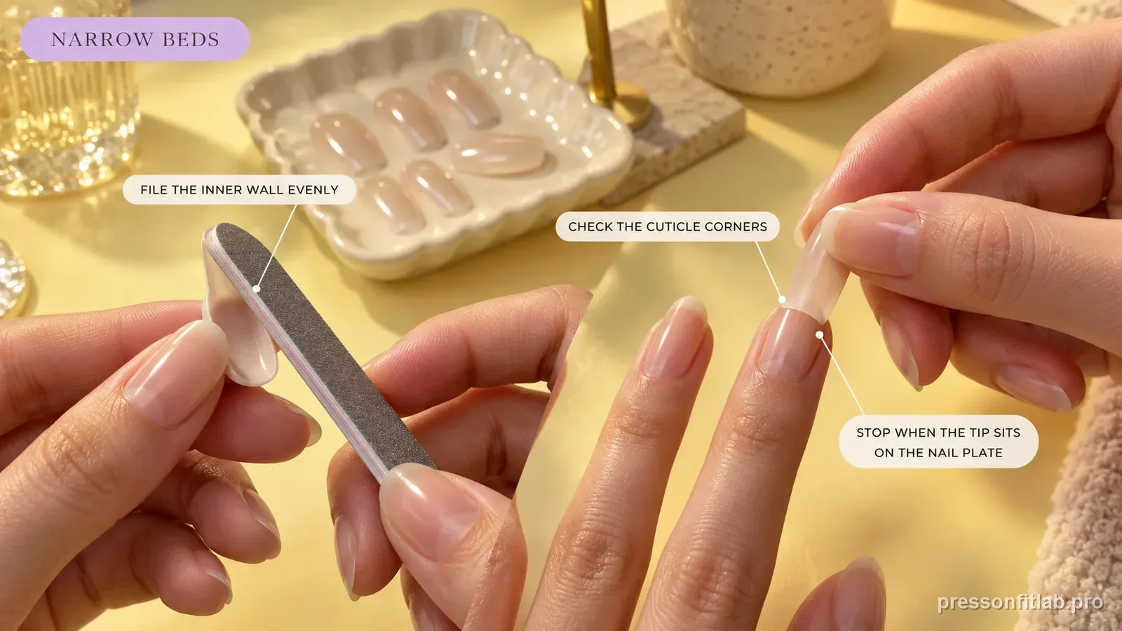 Filing the inner sidewall of a nude press-on tip evenly then re-dry-fitting it on a slim natural nail, labelled to check the cuticle corners and stop when the tip sits on the nail plate.