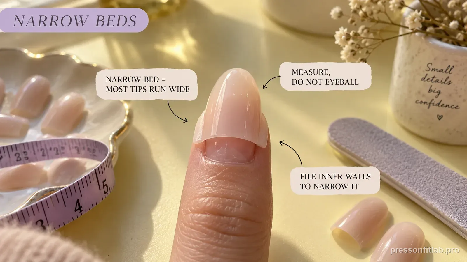 A narrow natural nail with a nude press-on that runs wide and overhangs both sidewalls, labelled that most tips run wide for narrow beds and to file the inner walls to narrow it.