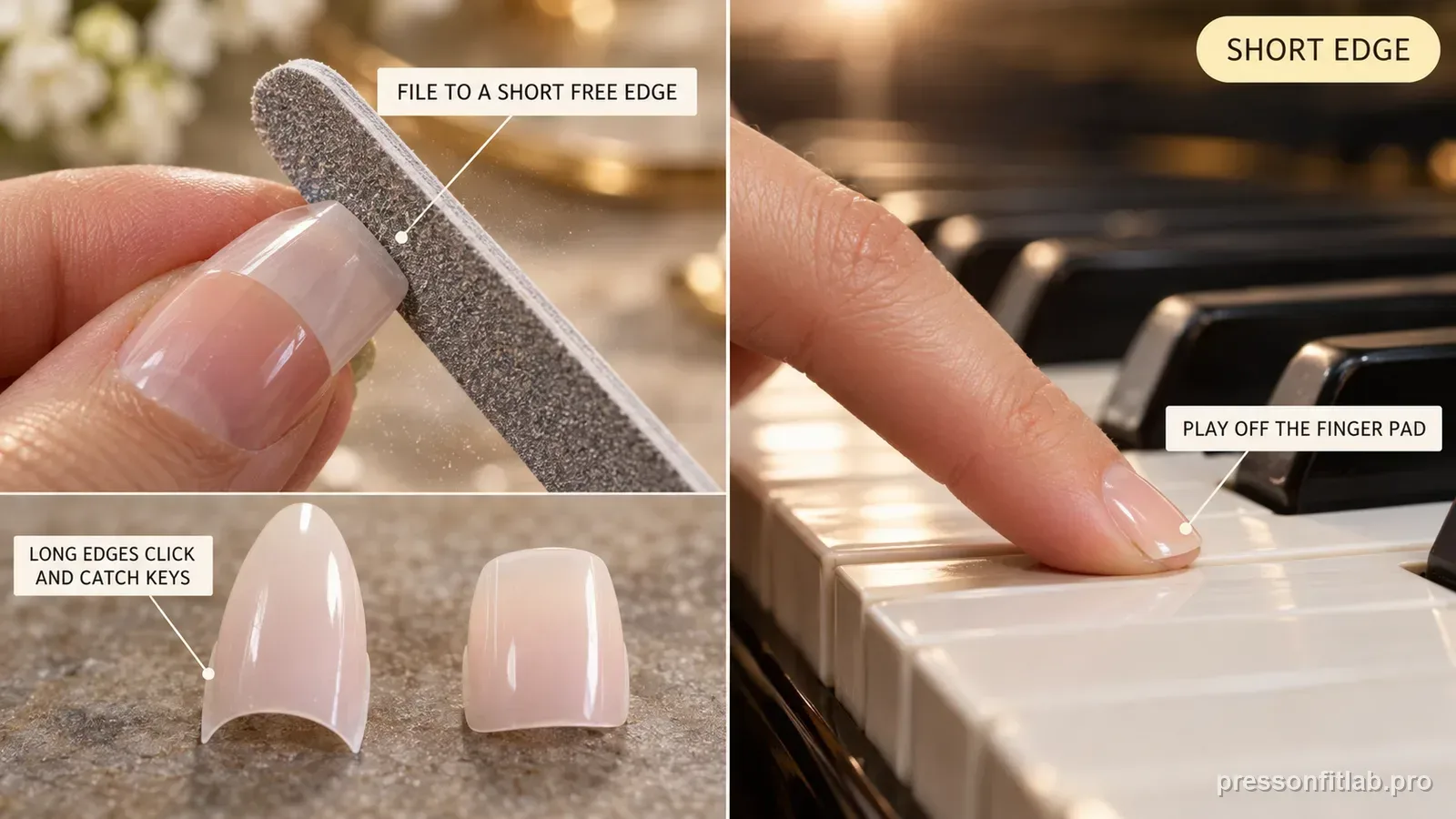 Step detail illustration: Piano usually rewards short free edges.