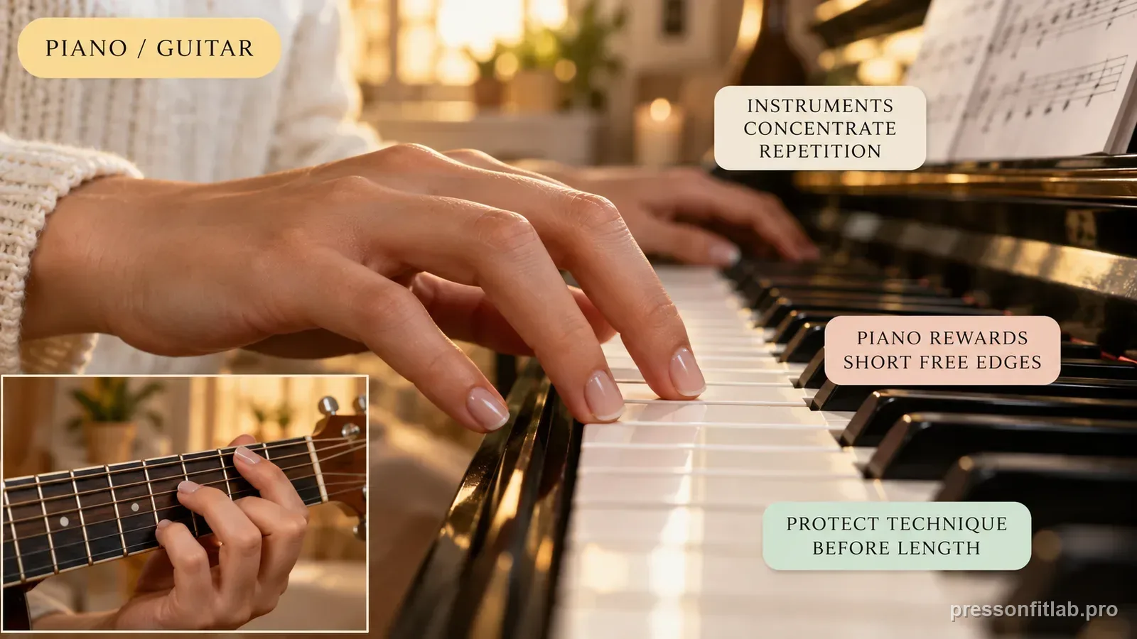Annotated press-on fit diagram for: Why Press-On Nails Lift When Playing Piano or Guitar.