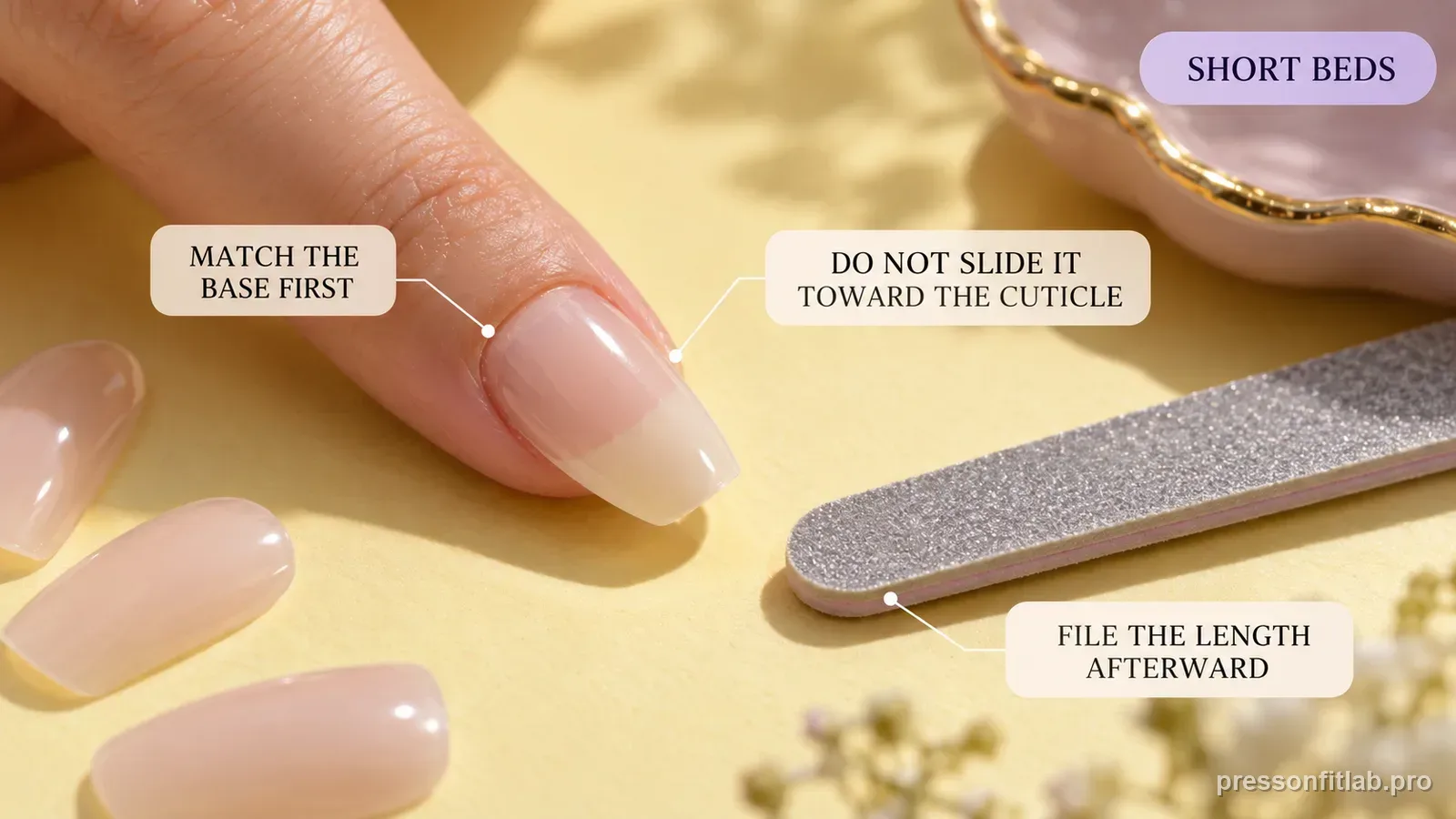 A press-on dry-fitted so its base matches a short nail bed with the free edge extending past the fingertip and a file nearby, labelled to match the base first and file length afterward.
