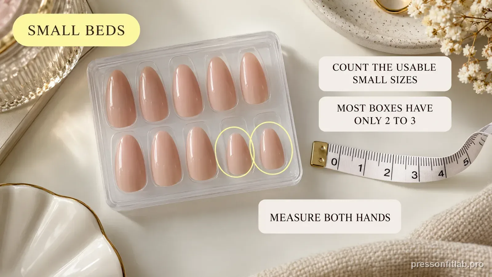 An overhead flat-lay of a press-on set with only the two smallest sizes circled beside a flexible measuring strip, labelled that most boxes have only two or three usable small sizes.