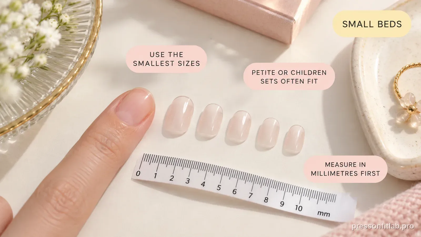 A small natural nail beside a row of the smallest press-on tips and a flexible measuring strip, labelled to use the smallest sizes and measure in millimetres first.