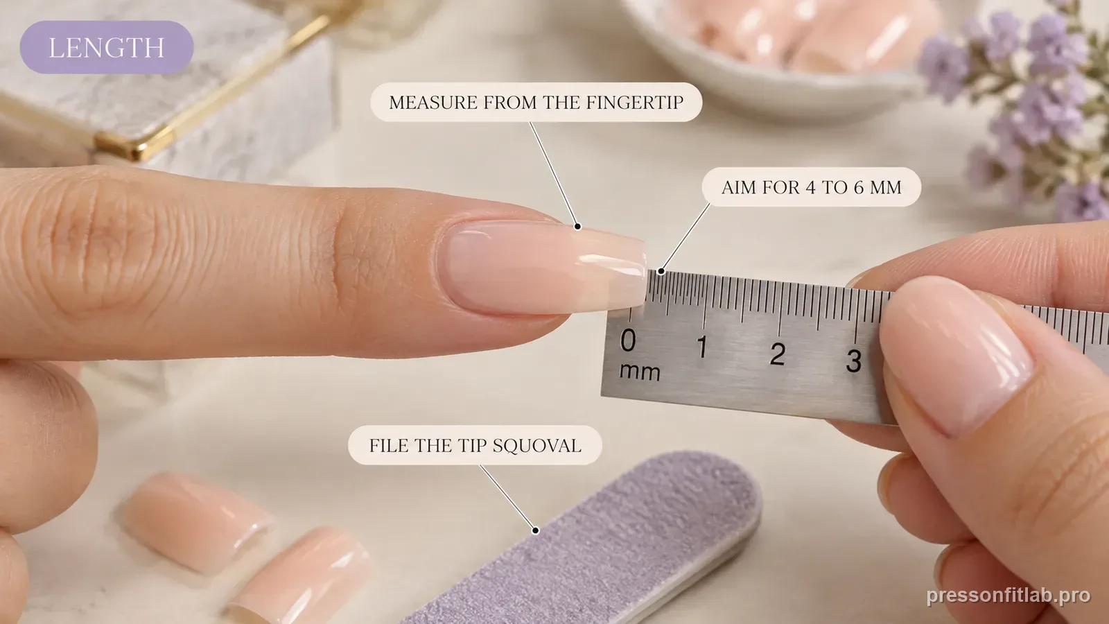 A small ruler held against a pale-peach press-on measuring the free edge past the fingertip, labelled to measure from the fingertip, aim for four to six millimetres and file the tip squoval.
