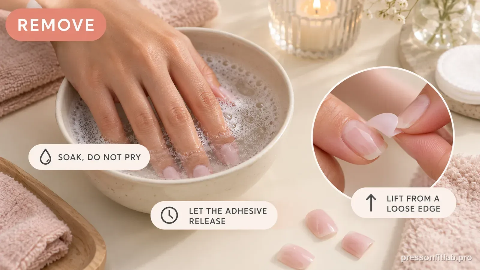 A hand resting in a small bowl of warm soapy water then a loosened press-on easing off a free edge, labelled to soak not pry and lift from a loose edge.