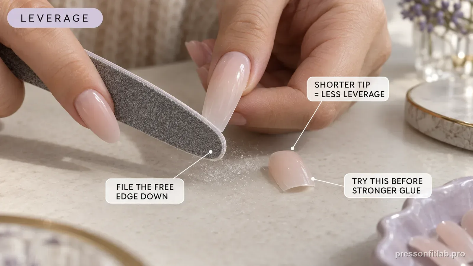 A fine file shortening the free edge of a long press-on tip with a shorter finished tip beside it, labelled shorter tip less leverage and to try this before stronger glue.