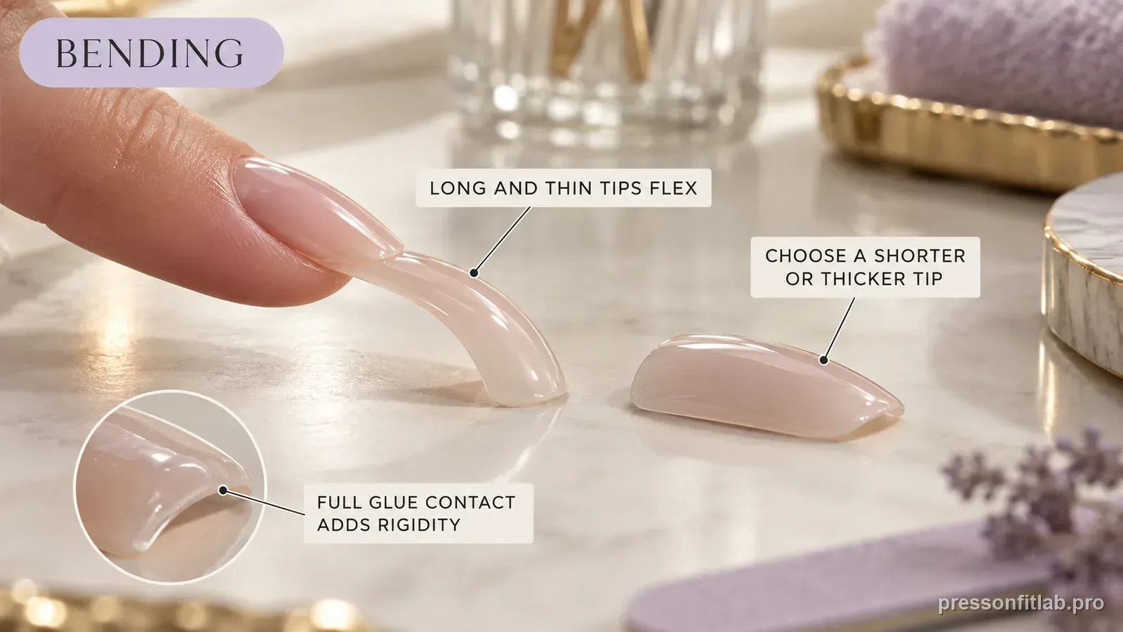 A long thin press-on tip flexing under light finger contact with a shorter thicker tip beside it, labelled that long thin tips flex and to choose a shorter or thicker tip.