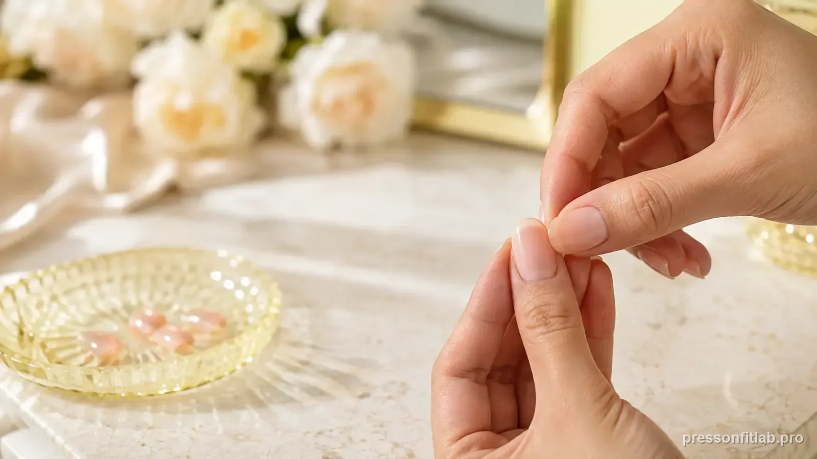 An elegant close-up of checking that a short pale peach press-on is aligned near the cuticle while remaining on the nail plate.