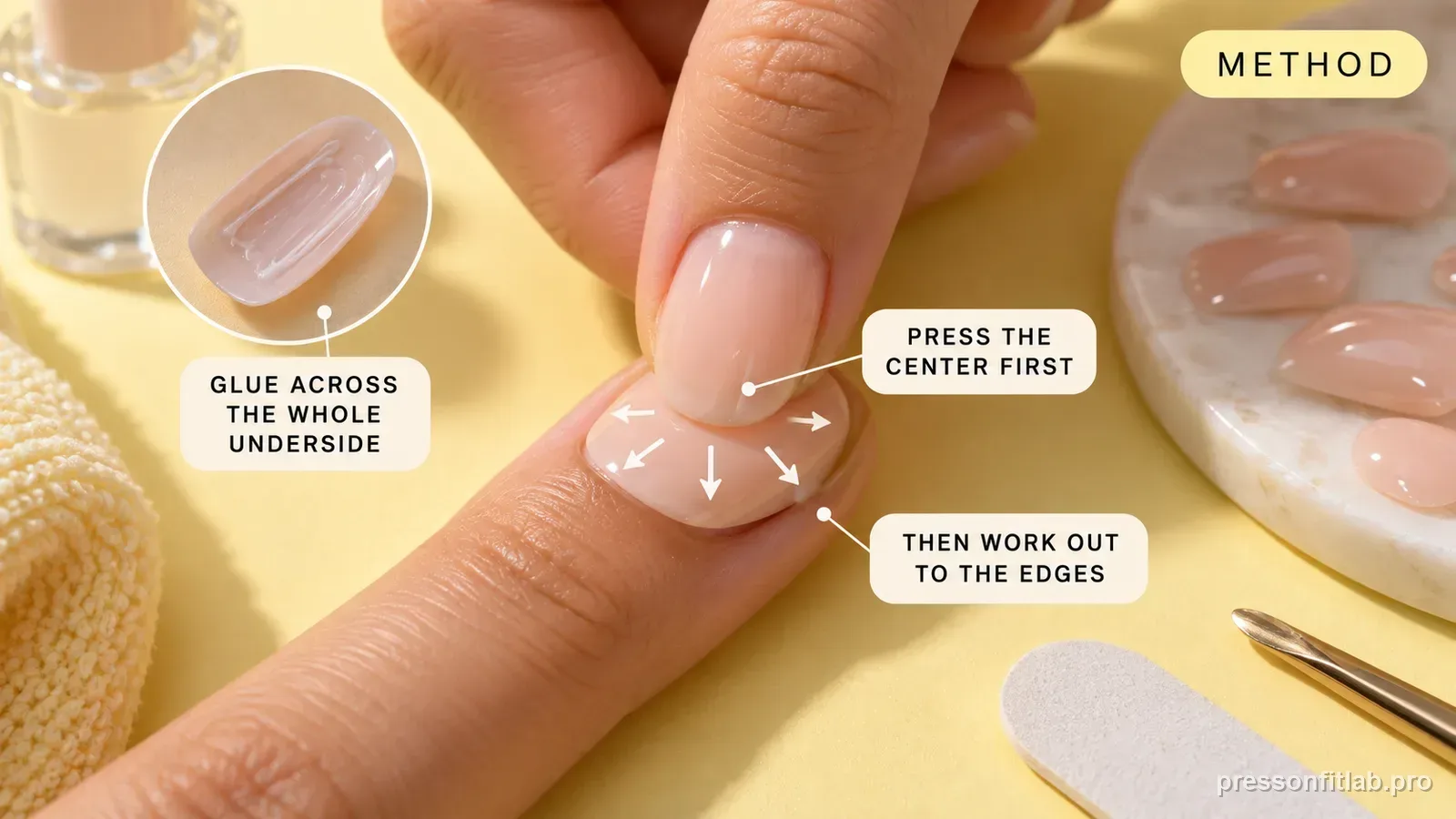 A fingertip pressing down on the center of a freshly placed nude press-on with motion arrows fanning outward, labelled to glue the whole underside and press the center first.