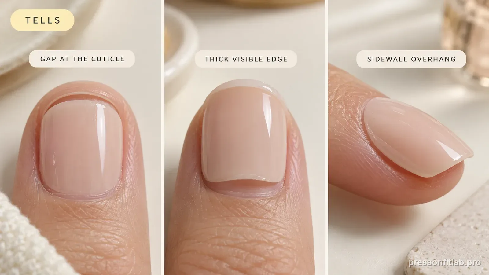 A macro triptych of one natural nail labelled gap at the cuticle, thick visible edge and sidewall overhang, each showing that flaw on a nude press-on.