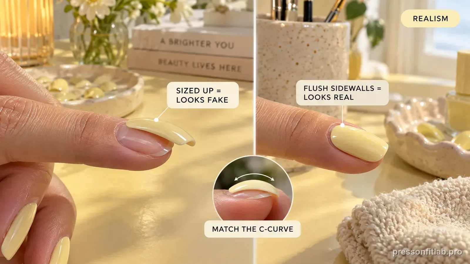 A side-by-side of an oversized press-on floating above a natural nail versus a flush well-sized one, labelled that sized-up looks fake and flush sidewalls look real.
