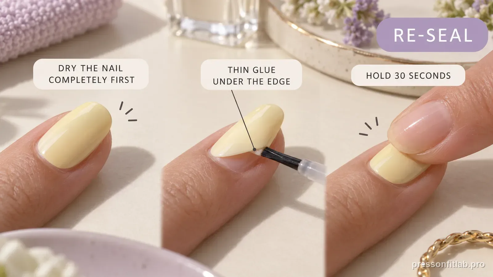 A small brush slipping a thin line of glue under a lifted cuticle-side edge of a butter-yellow press-on then a fingertip holding it flat, labelled to dry the nail first and hold thirty seconds.