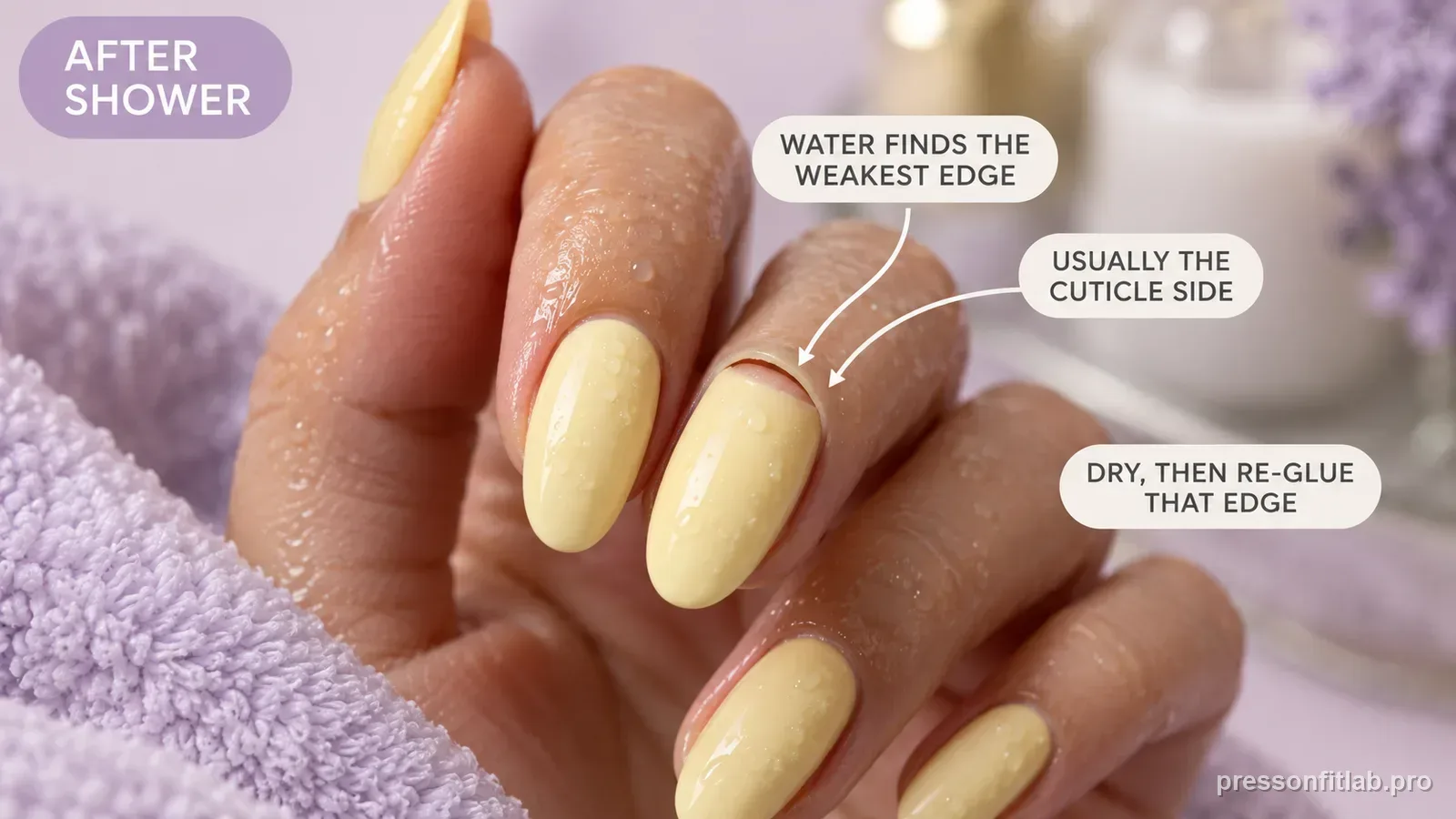 A hand with fine water droplets and one butter-yellow press-on lifting at its cuticle-side edge, labelled that water finds the weakest edge and to dry then re-glue it.