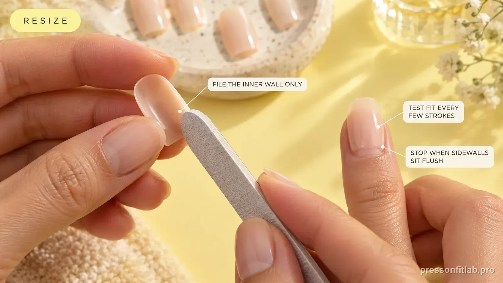 A hand filing the inner sidewall of a nude press-on tip while re-dry-fitting it on a natural nail, with printed callouts to file the inner wall only and stop when the sidewalls sit flush.