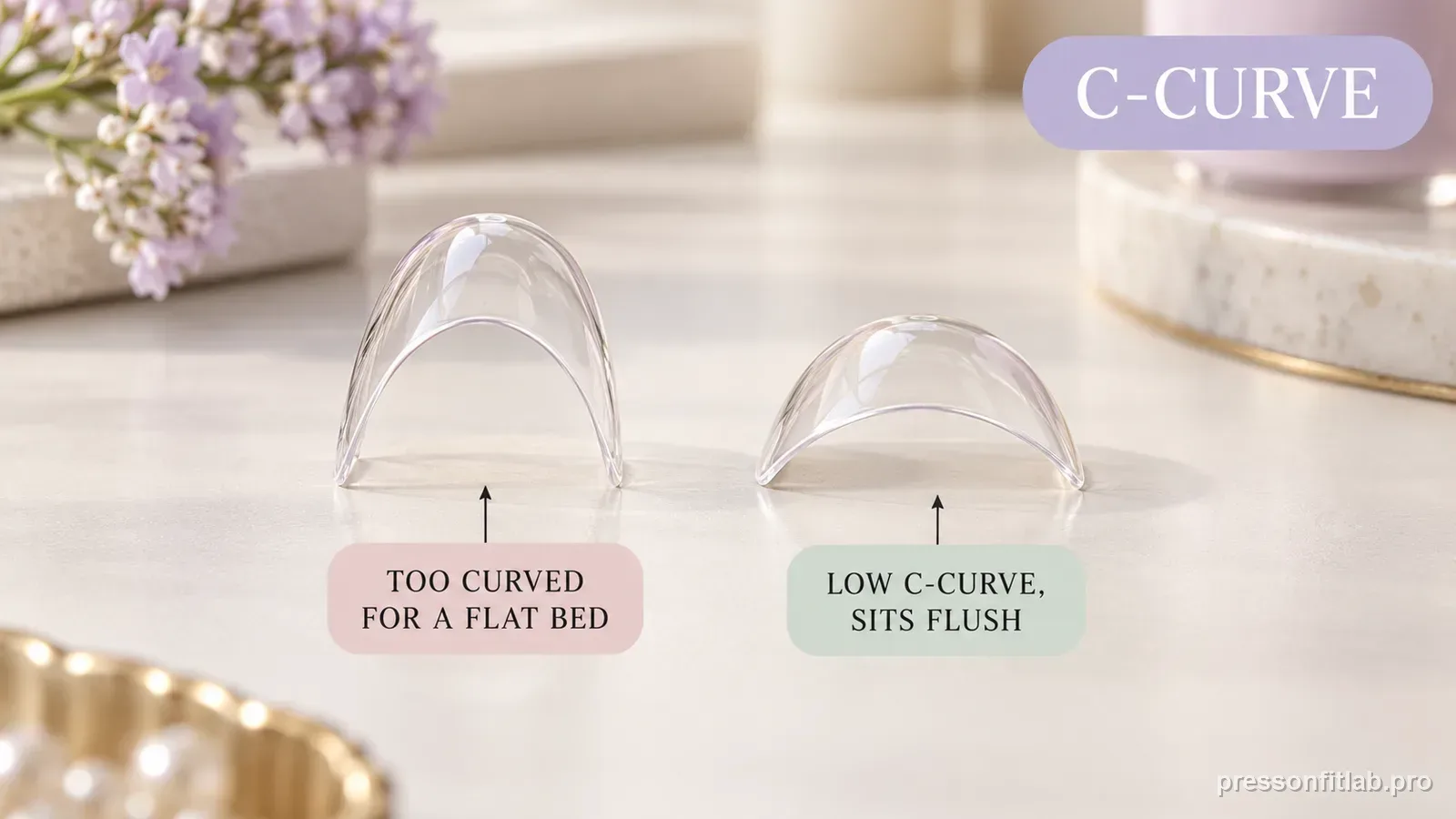 Two clear press-on tips stood on end side by side showing a deep arch versus a shallow arch, labelled too curved for a flat bed versus low C-curve sits flush.