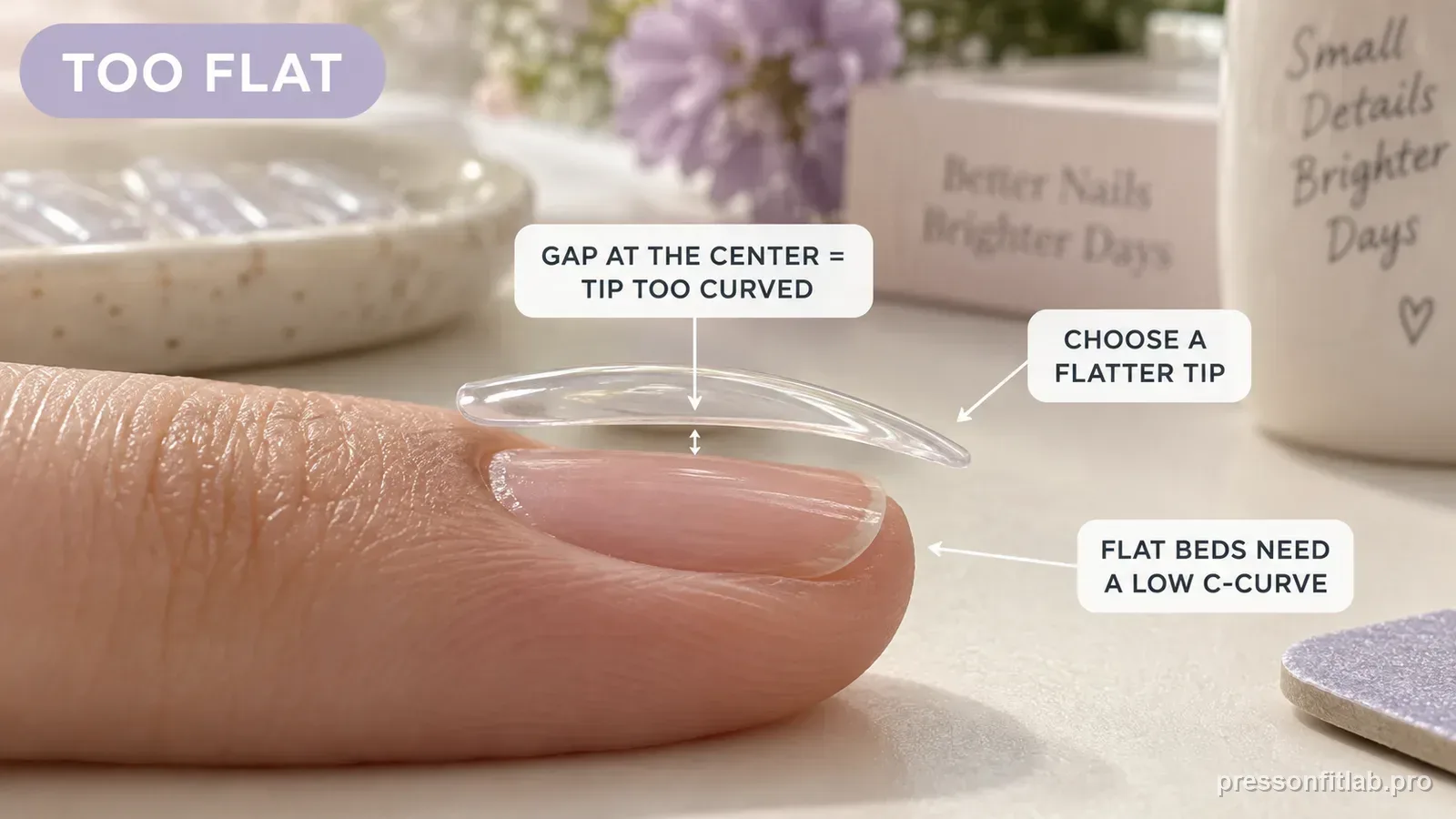 A clear press-on on a flat natural nail bed with a shadow gap under its center, labelled that a centre gap means the tip is too curved and flat beds need a low C-curve.