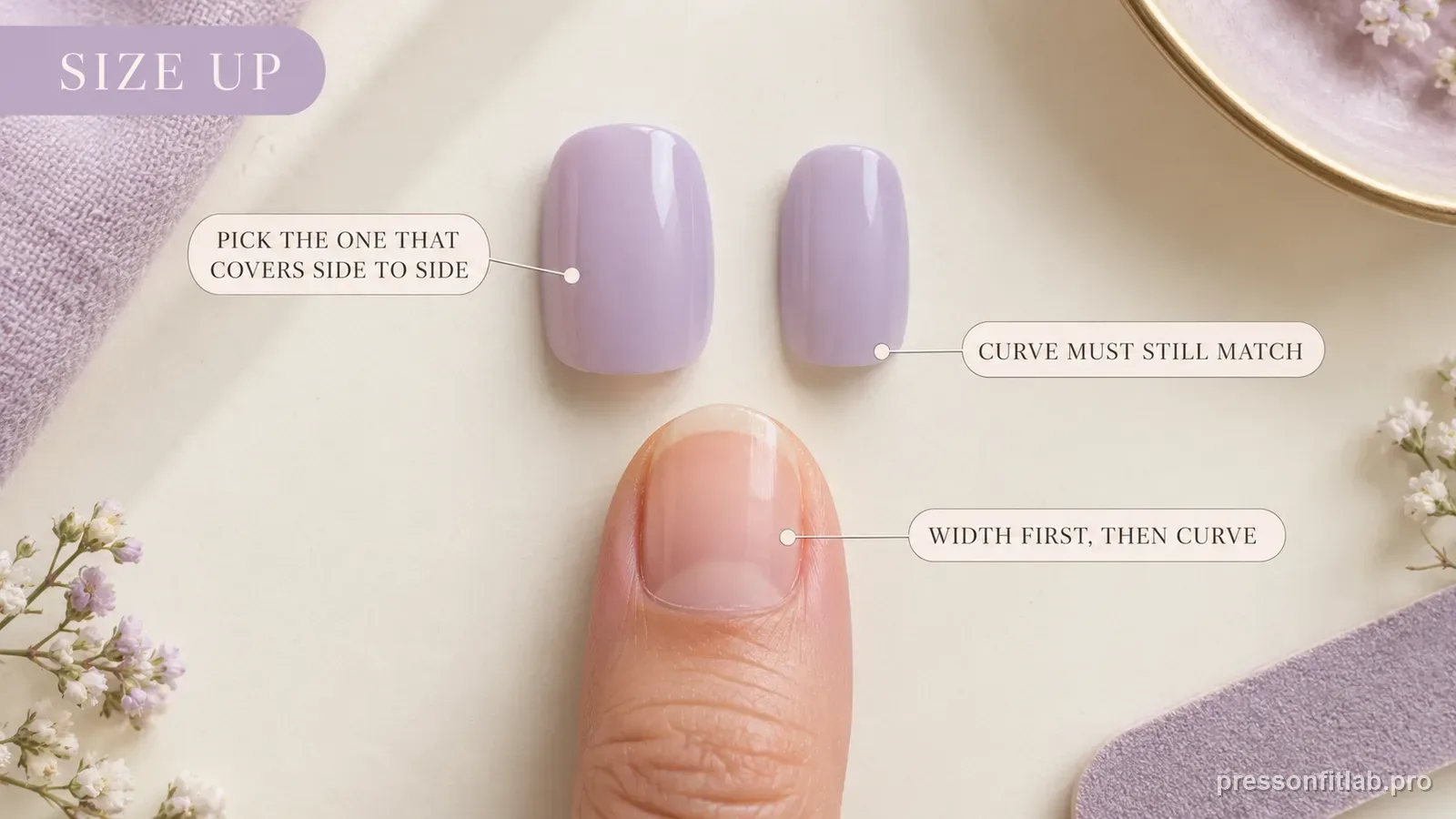 Two lavender press-on candidates laid side by side above a natural thumbnail with the wider one aligned to cover the full nail width, labelled to check width first then curve.