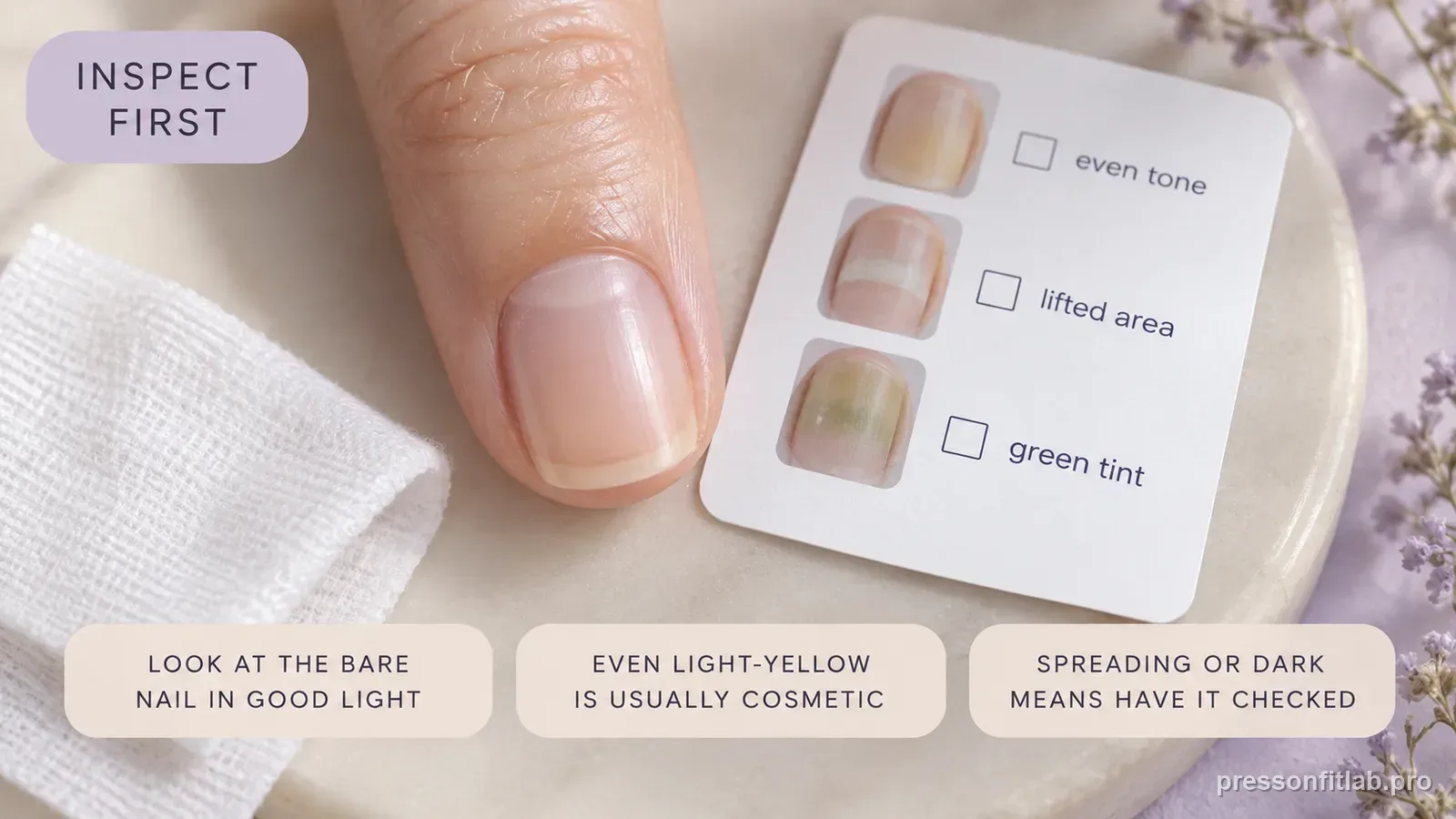 Step detail illustration: Inspect the bare nail before deciding.