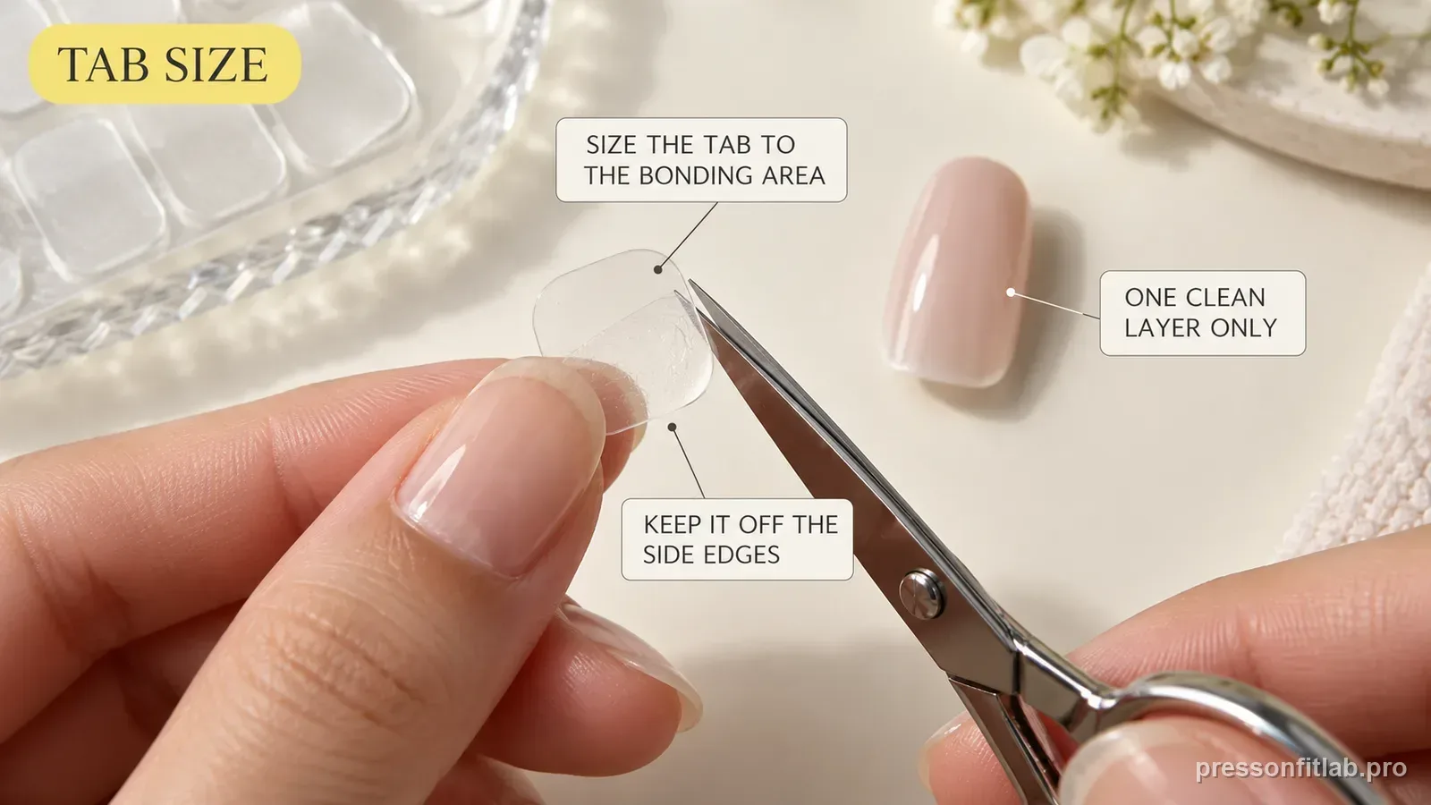 Step detail illustration: Use a fresh tab sized to the bonding area.