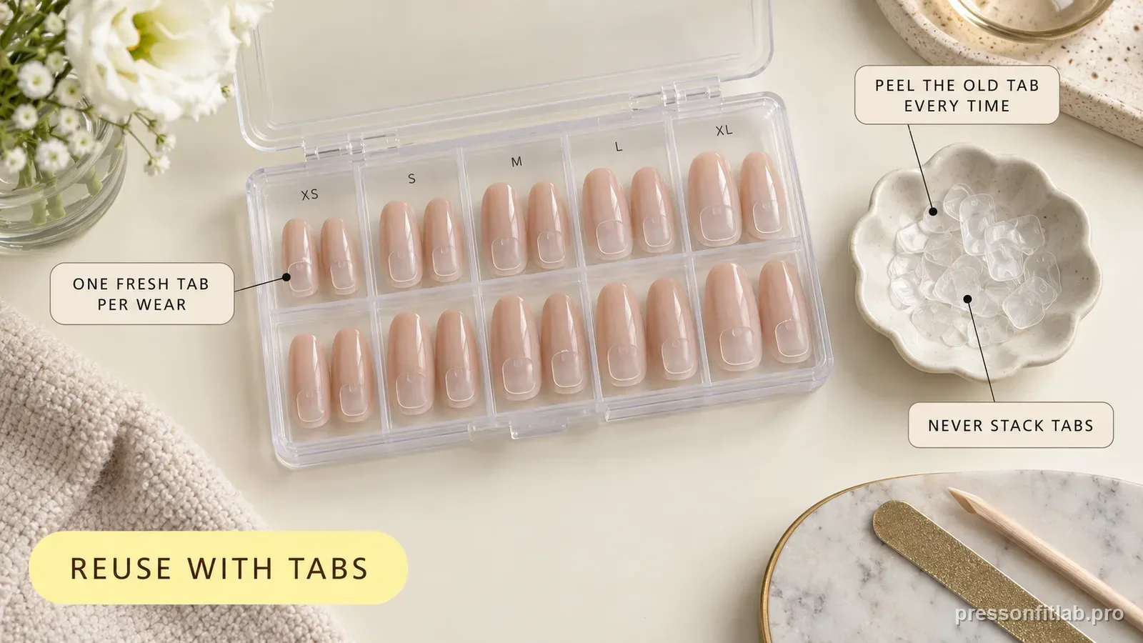 Annotated press-on fit diagram for: Can You Reuse Press-On Nails With Adhesive Tabs.