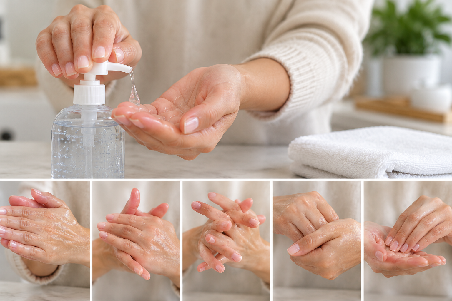 Using hand sanitizer and rubbing fingers until fully dry while wearing short press-on nails.