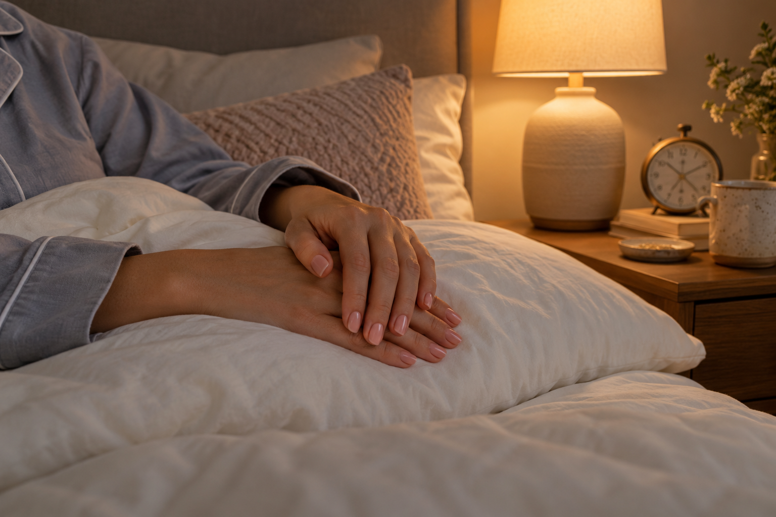 A freshly applied short press-on manicure resting gently on clean bedding at bedtime.