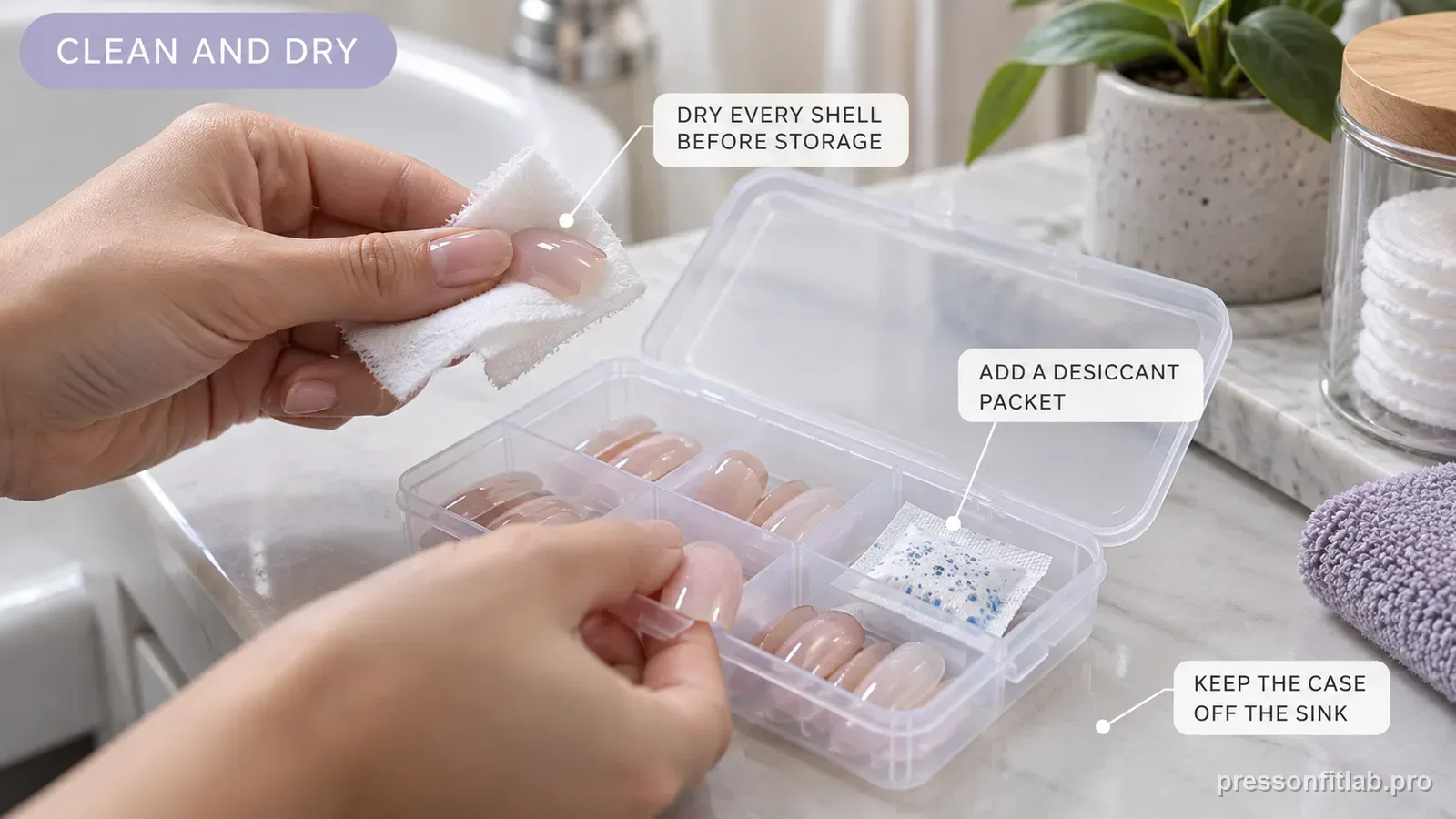 Step detail illustration: Store reusable shells clean and fully dry.