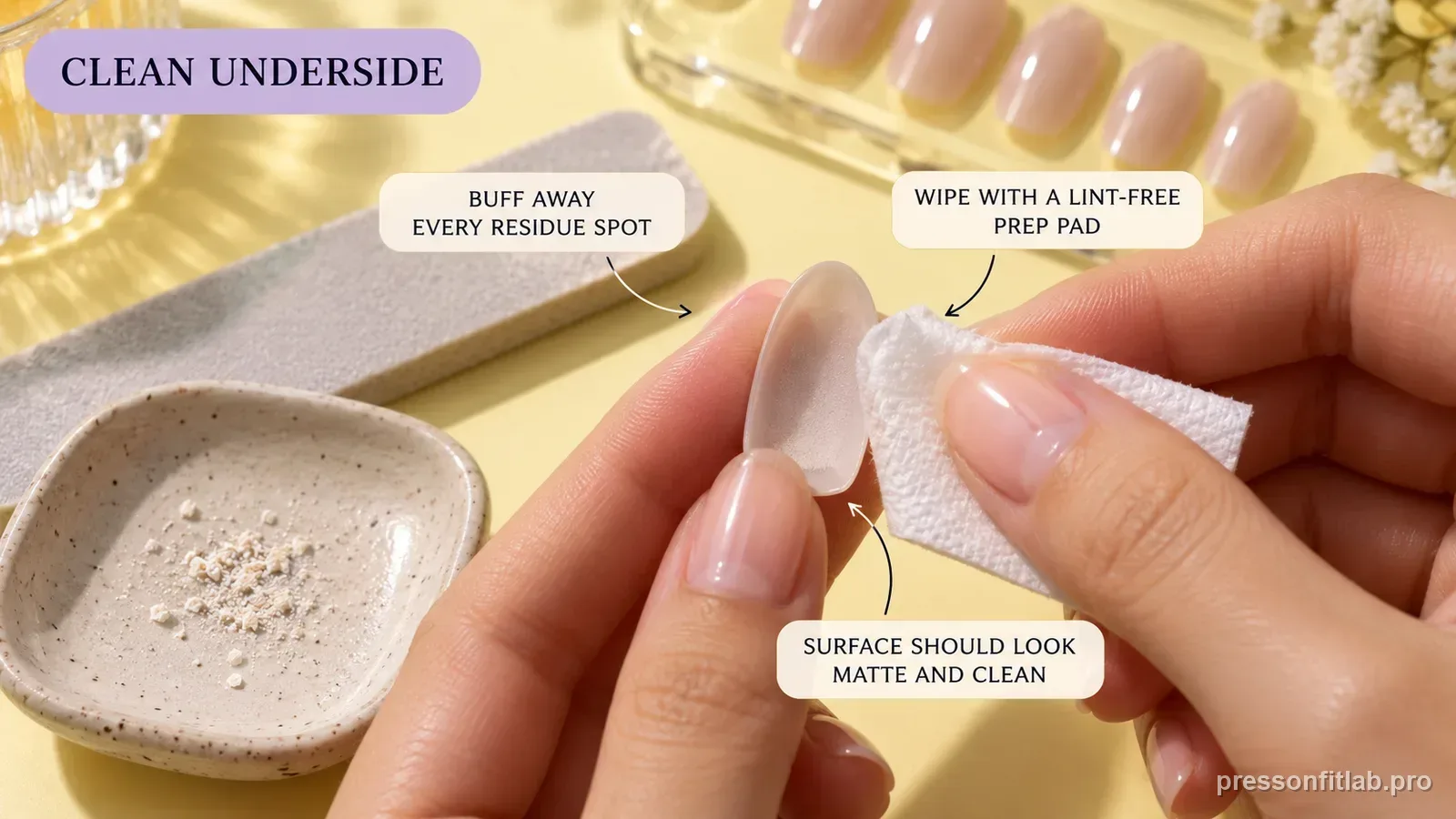 Step detail illustration: Return the underside to a clean bonding surface first.