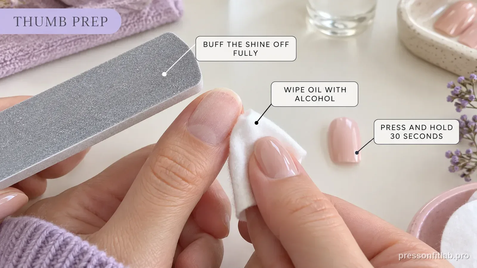 A thumbnail being buffed matte and wiped with a cotton pad, a flat pale-peach tip waiting nearby, labelled to buff off the shine, wipe oil with alcohol and hold thirty seconds.