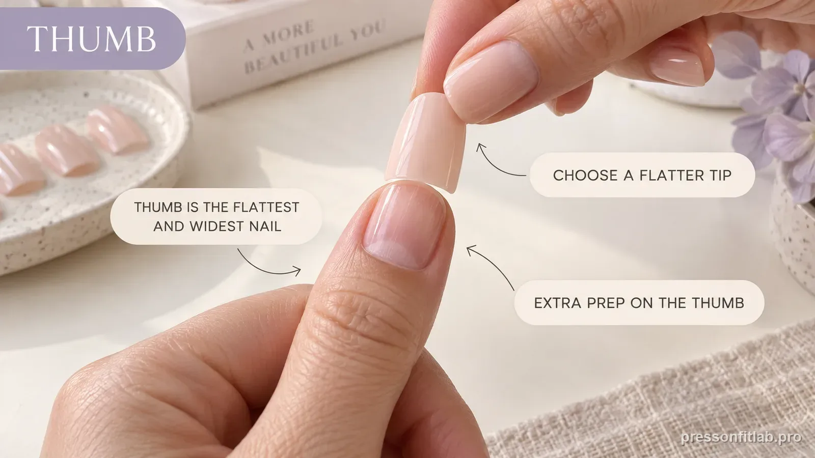 A pale peach press-on dry-fitted on a thumbnail, labelled that the thumb is the flattest and widest nail and needs a flatter tip and extra prep.