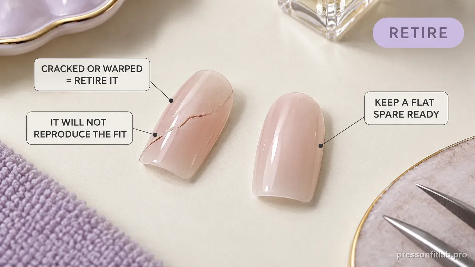 A flat-lay comparing a cracked and slightly warped press-on tip set aside from a flat undamaged one, labelled cracked or warped retire it and keep a flat spare ready.