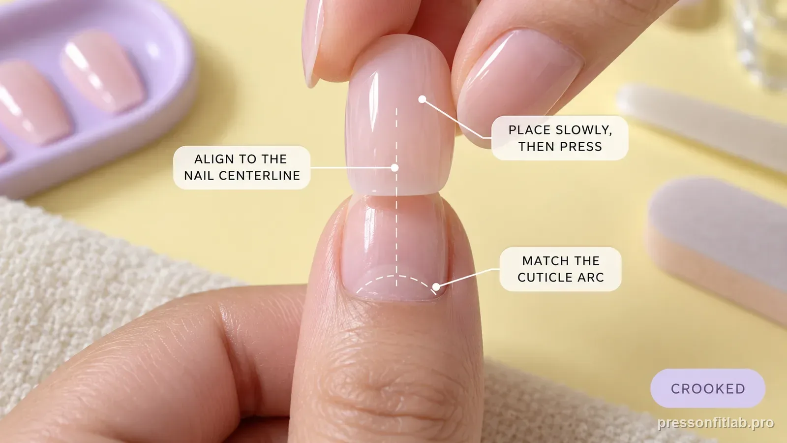 A thumb press-on being lowered straight onto the nail aligned to a faint dashed centerline with a second dashed line along the cuticle arc, labelled to place slowly then press.