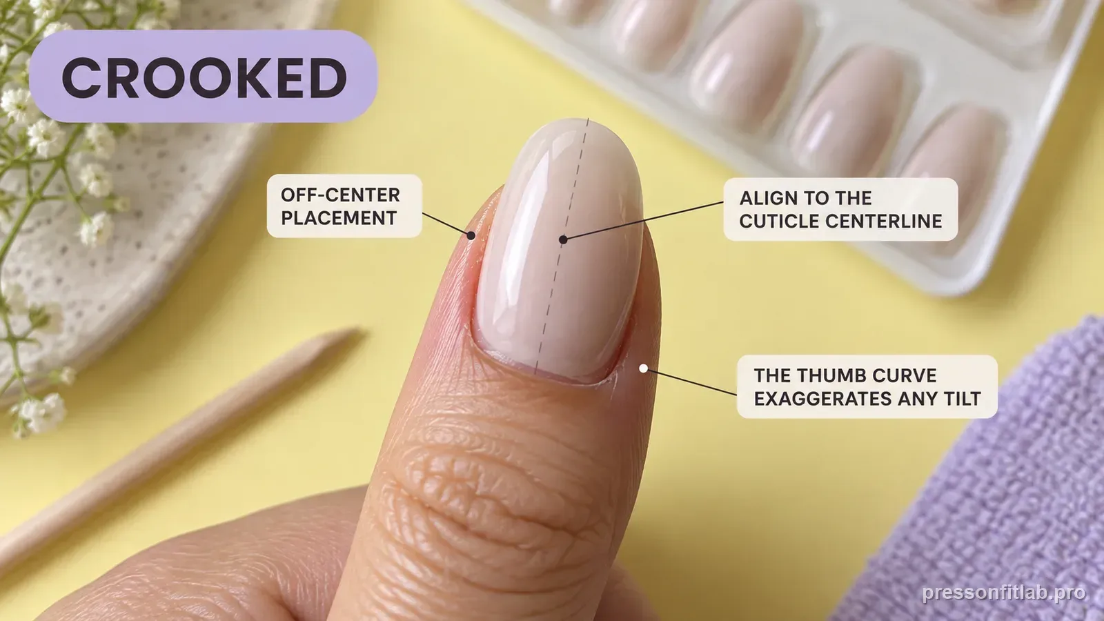 A thumb press-on set slightly off-angle with a faint dashed centerline down the nail, labelled off-center placement and align to the cuticle centerline.